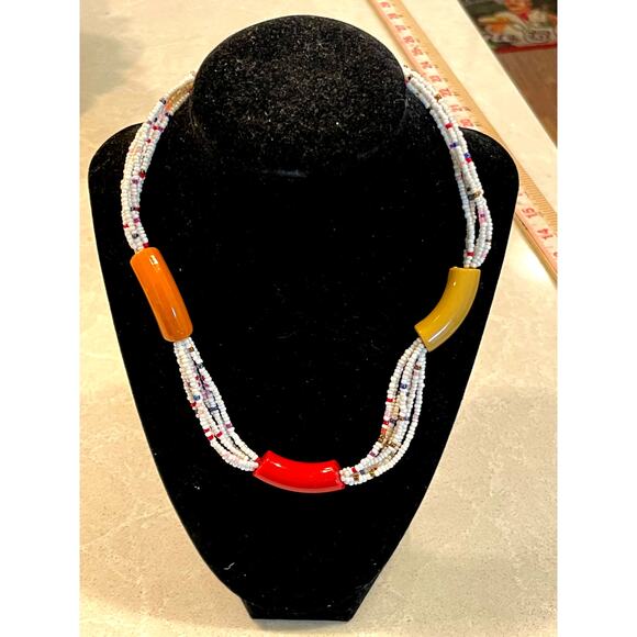 Vintage beaaded multi layered necklace colorblock 18K GP gold plated red yellow - Picture 1 of 14